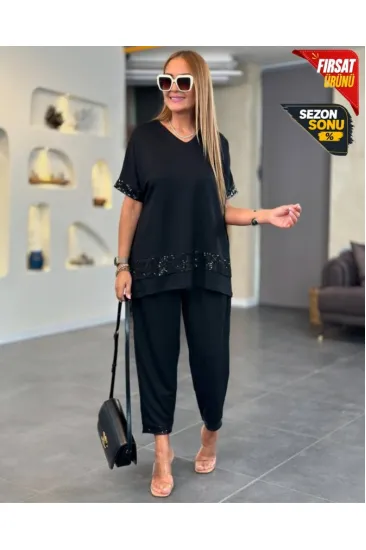 Kadın Kısa Kollu V Yakalı Pul Payetli Viskon Iki Iplik Bluz Ve Pantolon Ikili Takım Kadın Kısa Kollu V Yakalı Pul Payetli Viskon Iki Iplik Bluz Ve Pantolon Ikili Takım