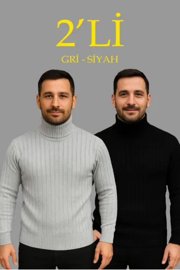 Erkek Fitilli Triko Kazak 2li Set Gri Siyah Regular Balıkcı Yaka Tam Boğazlı Triko Seti Modeli Kazak