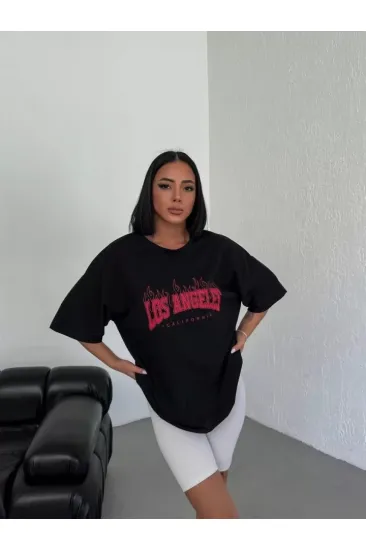 Unisex Bisiklet Yaka Baskılı Oversize T-Shirt - Siyah Unisex Bisiklet Yaka Baskılı Oversize T-Shirt - Siyah