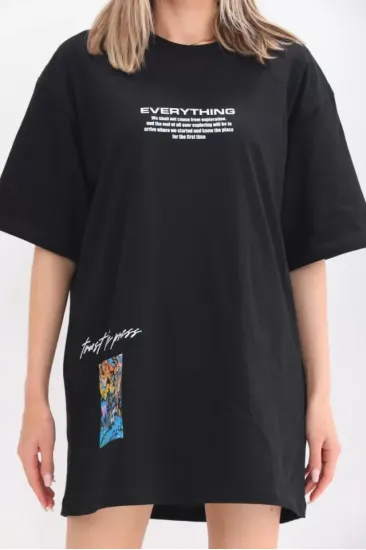 Unisex Bisiklet Yaka Baskılı Oversize T-Shirt - Siyah Unisex Bisiklet Yaka Baskılı Oversize T-Shirt - Siyah