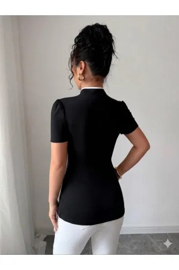 Kadın Beyaz şerit Detaylı Dar Kesim Dik Yaka Bluz Kadın Beyaz şerit Detaylı Dar Kesim Dik Yaka Bluz