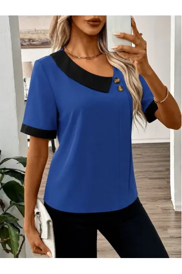 Kadın Kısa Kollu Asımetrik Yaka Detaylı Düğmeli Dubai Bluz Kadın Kısa Kollu Asımetrik Yaka Detaylı Düğmeli Dubai Bluz