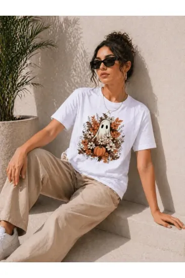 Balkabağı Hayalet Baskılı Tişört Kısa Kol Yazlık T-Shirt - Beyaz Balkabağı Hayalet Baskılı Tişört Kısa Kol Yazlık T-Shirt - Beyaz