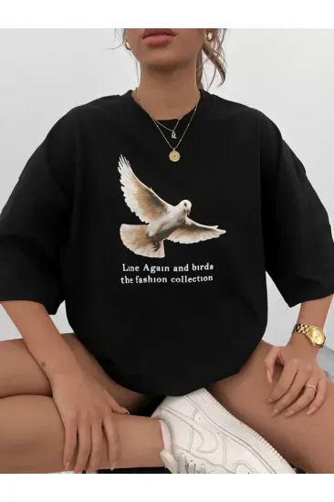 Unisex Bisiklet Yaka Baskılı Oversize T-Shirt - Siyah Unisex Bisiklet Yaka Baskılı Oversize T-Shirt - Siyah