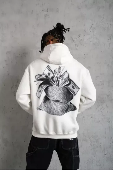 Erkek Kanguru Cep Baskılı Kapüşonlu Sweatshirt - Beyaz Erkek Kanguru Cep Baskılı Kapüşonlu Sweatshirt - Beyaz