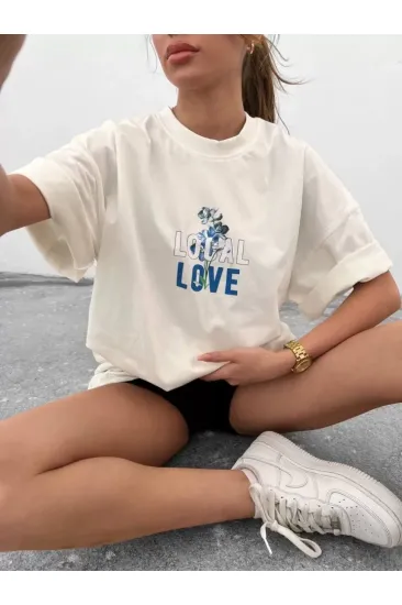 Unisex Bisiklet Yaka Baskılı Oversize T-Shirt - Beyaz Unisex Bisiklet Yaka Baskılı Oversize T-Shirt - Beyaz