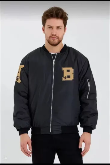 Unisex Uzun Kol Baskılı Bomber Ceket - Siyah Unisex Uzun Kol Baskılı Bomber Ceket - Siyah