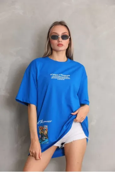 Unisex Bisiklet Yaka Baskılı Oversize T-Shirt - Mavi Unisex Bisiklet Yaka Baskılı Oversize T-Shirt - Mavi