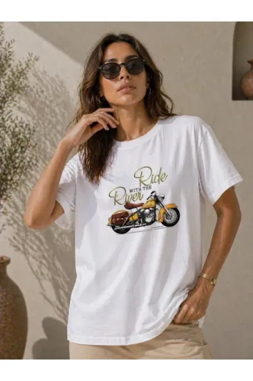 Motosiklet Baskılı Tişört Bisiklet Yaka Kısa Kol Yazlık T-Shirt - Beyaz Motosiklet Baskılı Tişört Bisiklet Yaka Kısa Kol Yazlık T-Shirt - Beyaz