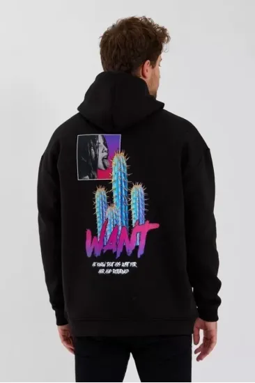 Erkek Baskılı Üç İplik Kapüşonlu Oversize Sweatshirt - Siyah Erkek Baskılı Üç İplik Kapüşonlu Oversize Sweatshirt - Siyah