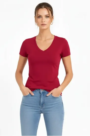 T-Shirt V Yaka Slim Fit Likralı Tişört Günlük Basic Body - Bordo T-Shirt V Yaka Slim Fit Likralı Tişört Günlük Basic Body - Bordo