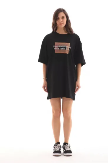 Unisex Bisiklet Yaka Baskılı Oversize T-Shirt - Siyah Unisex Bisiklet Yaka Baskılı Oversize T-Shirt - Siyah