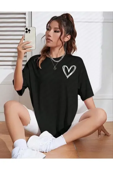 Bisiklet Yaka Baskılı Oversize T-Shirt - Siyah Bisiklet Yaka Baskılı Oversize T-Shirt - Siyah