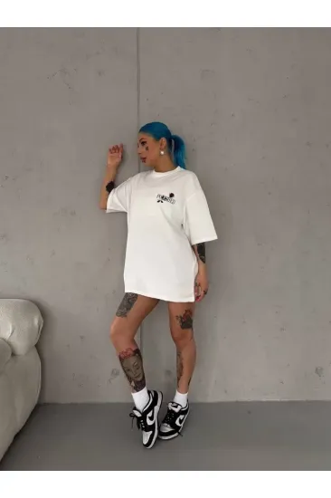 Unisex Bisiklet Yaka Baskılı Oversize T-Shirt - Beyaz Unisex Bisiklet Yaka Baskılı Oversize T-Shirt - Beyaz