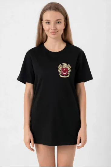 Türk Arma Baskılı Oversize Bisiklet Yaka Günlük T-shirt - Siyah Türk Arma Baskılı Oversize Bisiklet Yaka Günlük T-shirt - Siyah