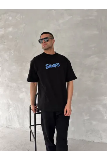 Ön Ve Arka Baskılı Oversize Bisiklet Yaka T-shirt- Siyah Ön Ve Arka Baskılı Oversize Bisiklet Yaka T-shirt- Siyah
