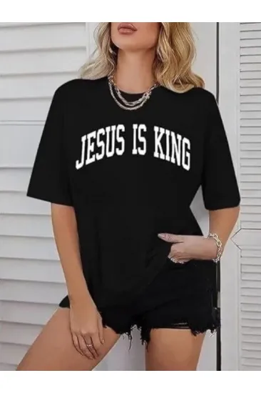 Kadın Bisiklet Yaka Kısa Kol Baskılı T-shirt - Siyah Kadın Bisiklet Yaka Kısa Kol Baskılı T-shirt - Siyah