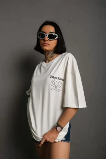 Unisex Bisiklet Yaka Baskılı Oversize T-Shirt - Beyaz Unisex Bisiklet Yaka Baskılı Oversize T-Shirt - Beyaz