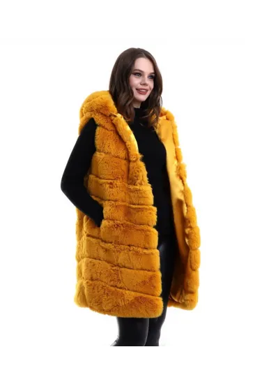 Kapşonlu Peluş Kürk Yelek Premium Kalite, Tam Astarlı, Uzun Model - Sarı Kapşonlu Peluş Kürk Yelek Premium Kalite, Tam Astarlı, Uzun Model - Sarı
