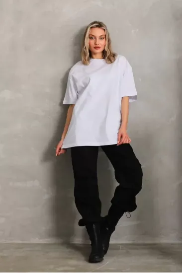 Unisex Bisiklet Yaka 20/1 Düz Oversize T-Shirt - Beyaz Unisex Bisiklet Yaka 20/1 Düz Oversize T-Shirt - Beyaz