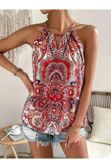 Kadın Halter Kollu Damla Detaylı Desenli Süprem Bluz Kadın Halter Kollu Damla Detaylı Desenli Süprem Bluz