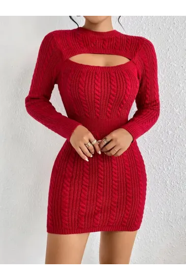 Kadın Uzun Kollu Yarı Balıkçı Yaka Pencere Göğüs Detay Mini Triko Elbise