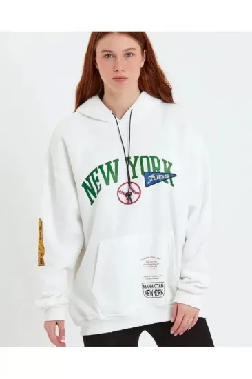 Baskılı Kapüşonlu Sweatshirt - Beyaz Baskılı Kapüşonlu Sweatshirt - Beyaz