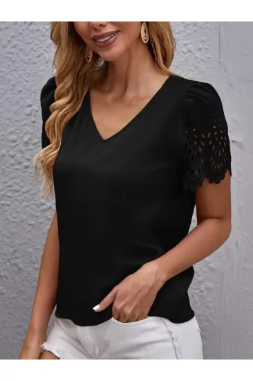 Kadın Kısa Kollu V Yakalı Kolu Dantelli Dubai Bluz Kadın Kısa Kollu V Yakalı Kolu Dantelli Dubai Bluz