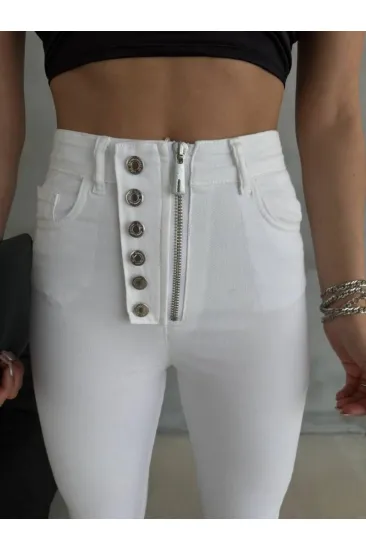 DÜĞME VE FERMUARLI KOT PANTOLON - Beyaz DÜĞME VE FERMUARLI KOT PANTOLON - Beyaz