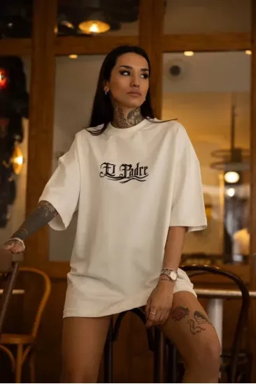 Unisex Bisiklet Yaka Baskılı Oversize T-Shirt - Beyaz Unisex Bisiklet Yaka Baskılı Oversize T-Shirt - Beyaz