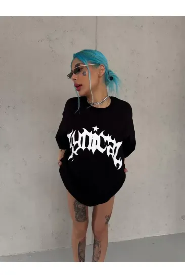 Unisex Bisiklet Yaka Baskılı Oversize T-Shirt - Siyah Unisex Bisiklet Yaka Baskılı Oversize T-Shirt - Siyah