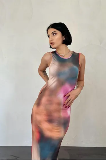 Renkli Batik Desenli Elbise Renkli Batik Desenli Elbise