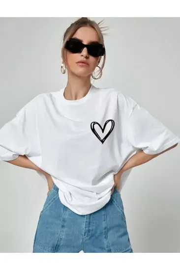 Unisex Baskılı Oversize T-Shirt - Beyaz Unisex Baskılı Oversize T-Shirt - Beyaz