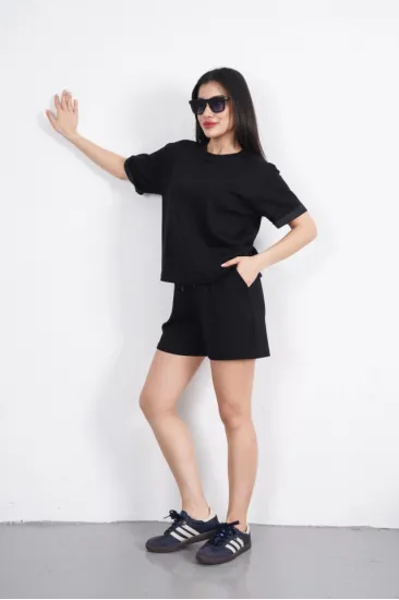 Osy Modal Yumuşak Dokulu Kumaş Bisiklet Yaka T-shirt Kısa Şort İkili Takım - Siyah Osy Modal Yumuşak Dokulu Kumaş Bisiklet Yaka T-shirt Kısa Şort İkili Takım - Siyah
