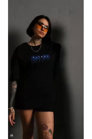 Unisex Bisiklet Yaka Baskılı Oversize T-Shirt - Siyah Unisex Bisiklet Yaka Baskılı Oversize T-Shirt - Siyah