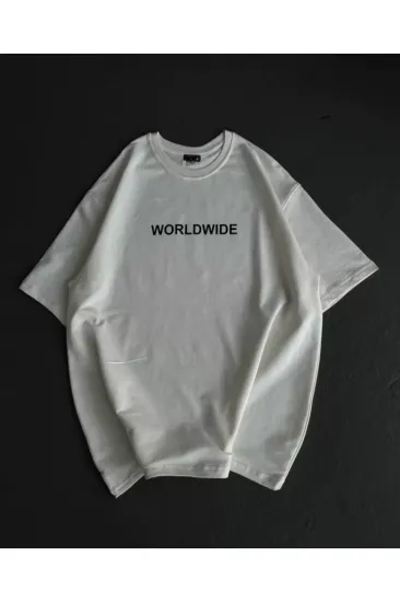 Unisex Bisiklet Yaka Baskılı Oversize T-Shirt - Beyaz Unisex Bisiklet Yaka Baskılı Oversize T-Shirt - Beyaz