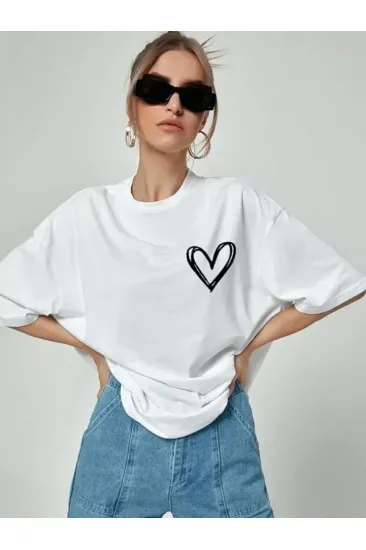 Bisiklet Yaka Baskılı Oversize T-Shirt - Beyaz Bisiklet Yaka Baskılı Oversize T-Shirt - Beyaz
