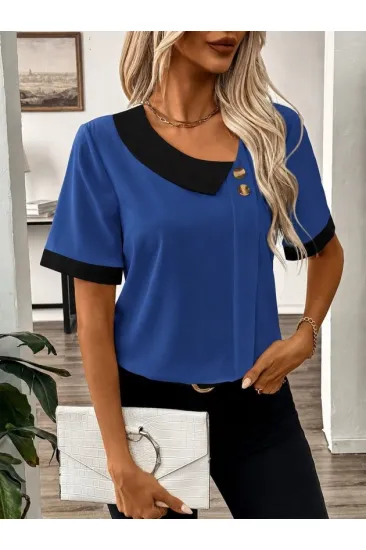 Kadın Kısa Kollu Asımetrik Yaka Detaylı Düğmeli Dubai Bluz Kadın Kısa Kollu Asımetrik Yaka Detaylı Düğmeli Dubai Bluz