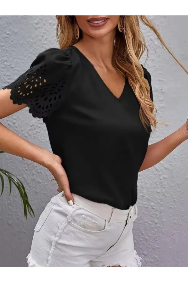 Kadın Kısa Kollu V Yakalı Kolu Dantelli Dubai Bluz Kadın Kısa Kollu V Yakalı Kolu Dantelli Dubai Bluz