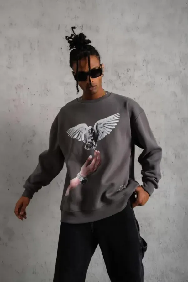 Erkek Güvercin Baskılı Sweatshirt - Gri Erkek Güvercin Baskılı Sweatshirt - Gri