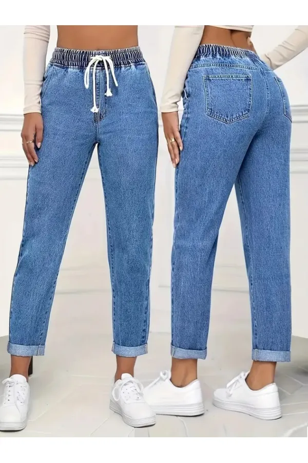 Kadın Yüksek Bel Bağcıklı Kot Pantolon Kadın Yüksek Bel Bağcıklı Kot Pantolon