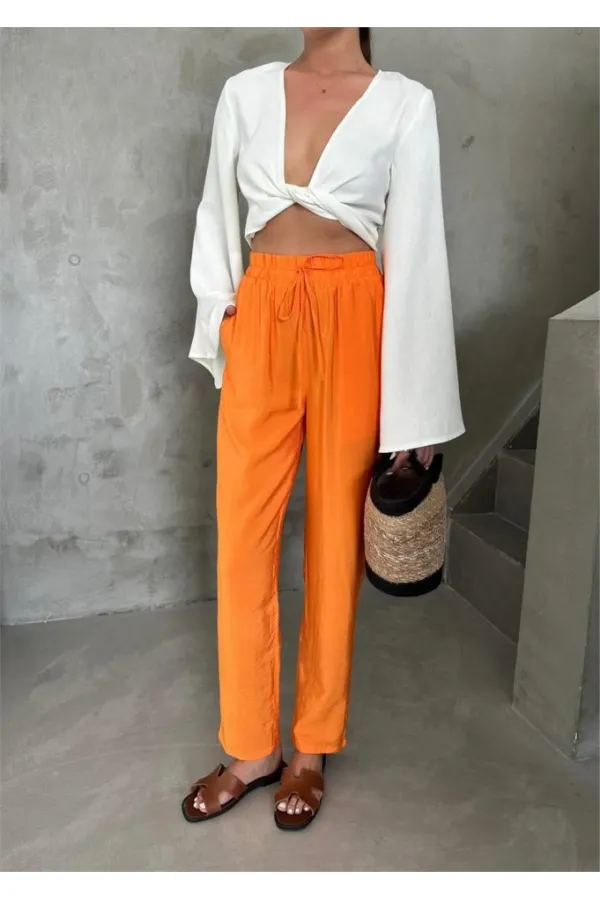 BEL LASTİK DETAYLI MODAL KUMAŞ PANTOLON - Orange BEL LASTİK DETAYLI MODAL KUMAŞ PANTOLON - Orange