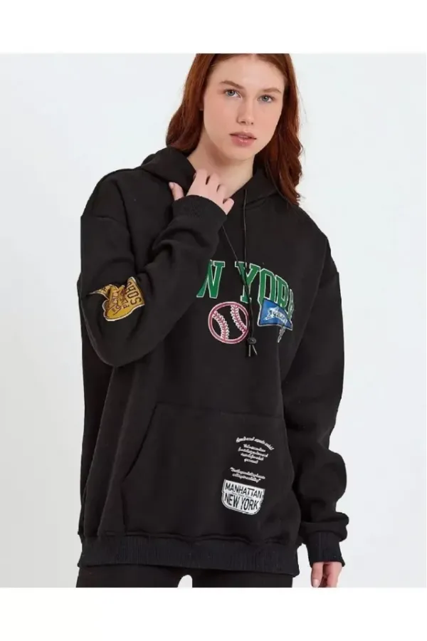 Baskılı Kapüşonlu Sweatshirt - Siyah Baskılı Kapüşonlu Sweatshirt - Siyah