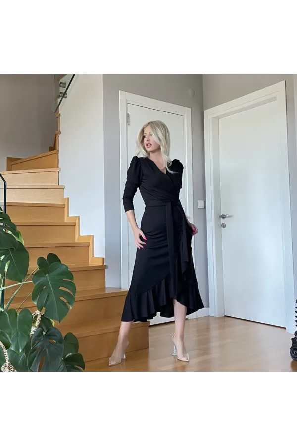 Krep Kumaş Midi Boy Kuşaklı Uzunkol Elbise 113 Cm