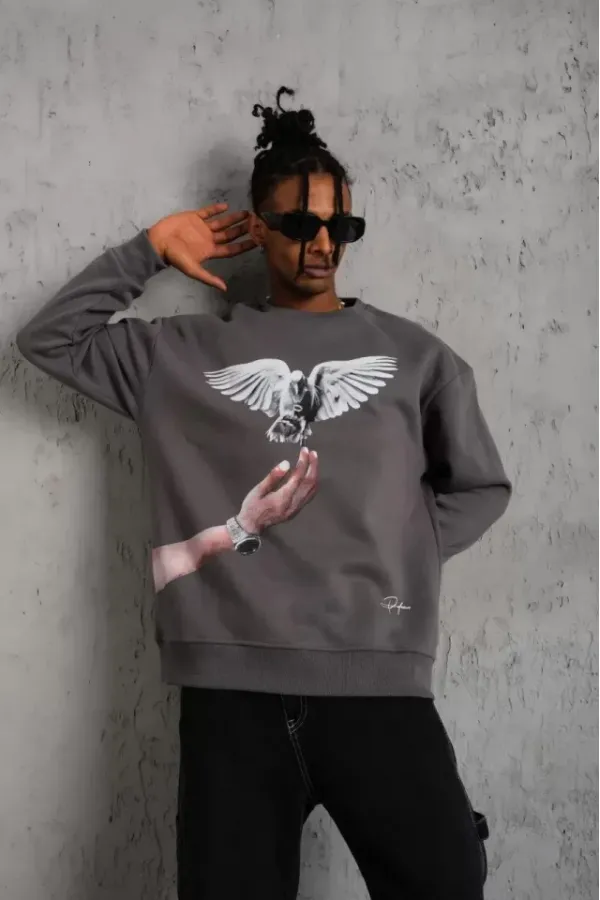 Erkek Güvercin Baskılı Sweatshirt - Gri Erkek Güvercin Baskılı Sweatshirt - Gri