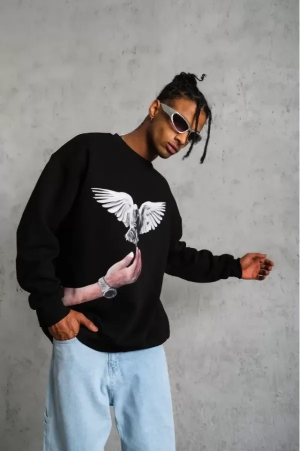 Erkek Güvercin Baskılı Sweatshirt - Siyah Erkek Güvercin Baskılı Sweatshirt - Siyah