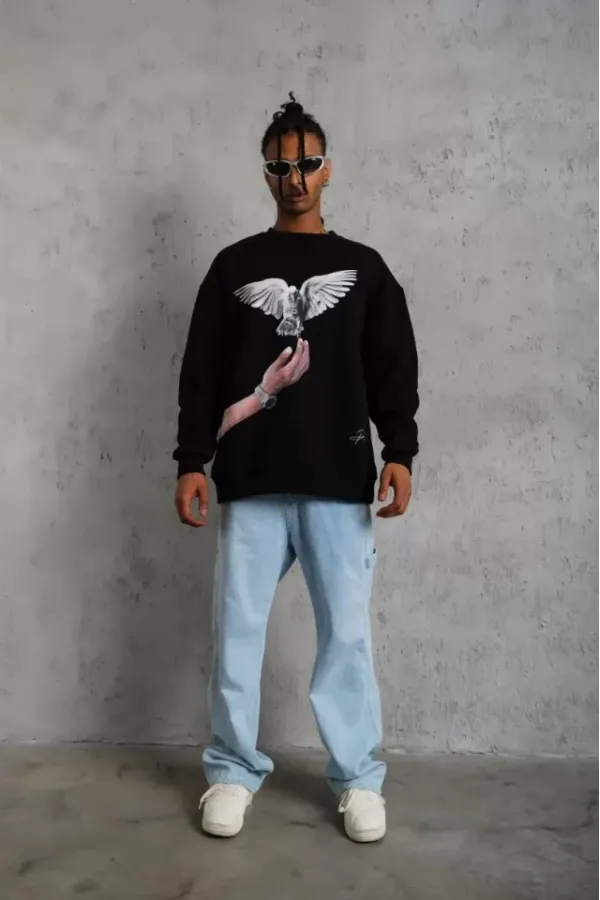 Erkek Güvercin Baskılı Sweatshirt - Siyah Erkek Güvercin Baskılı Sweatshirt - Siyah