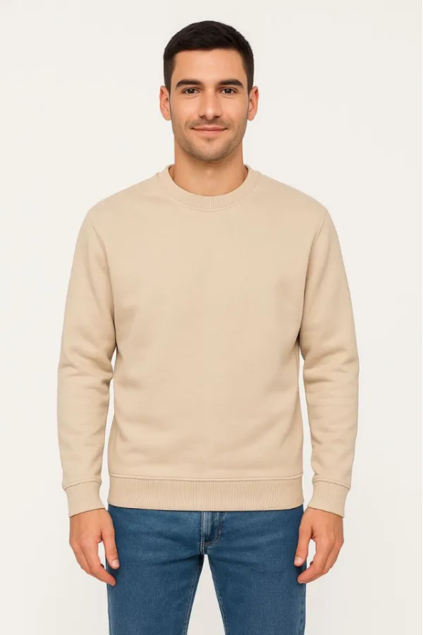 Erkek Üç İplik Düz Bisiklet Yaka SweatShirt - Bej Erkek Üç İplik Düz Bisiklet Yaka SweatShirt - Bej