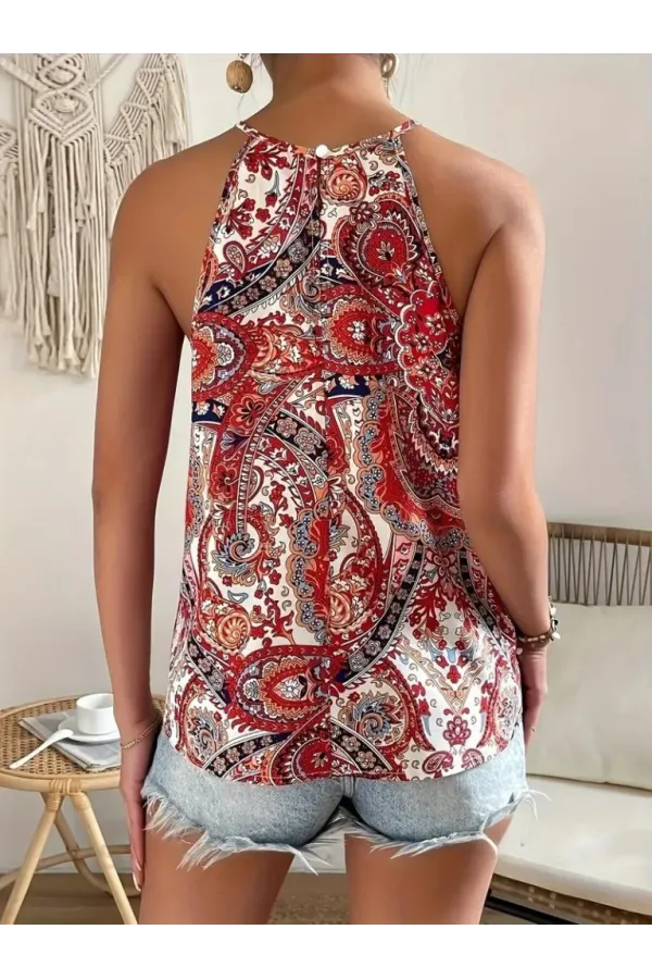 Kadın Halter Kollu Damla Detaylı Desenli Süprem Bluz Kadın Halter Kollu Damla Detaylı Desenli Süprem Bluz