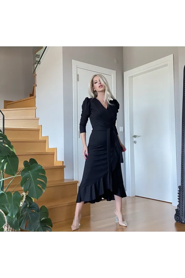 Krep Kumaş Midi Boy Kuşaklı Uzunkol Elbise 113 Cm